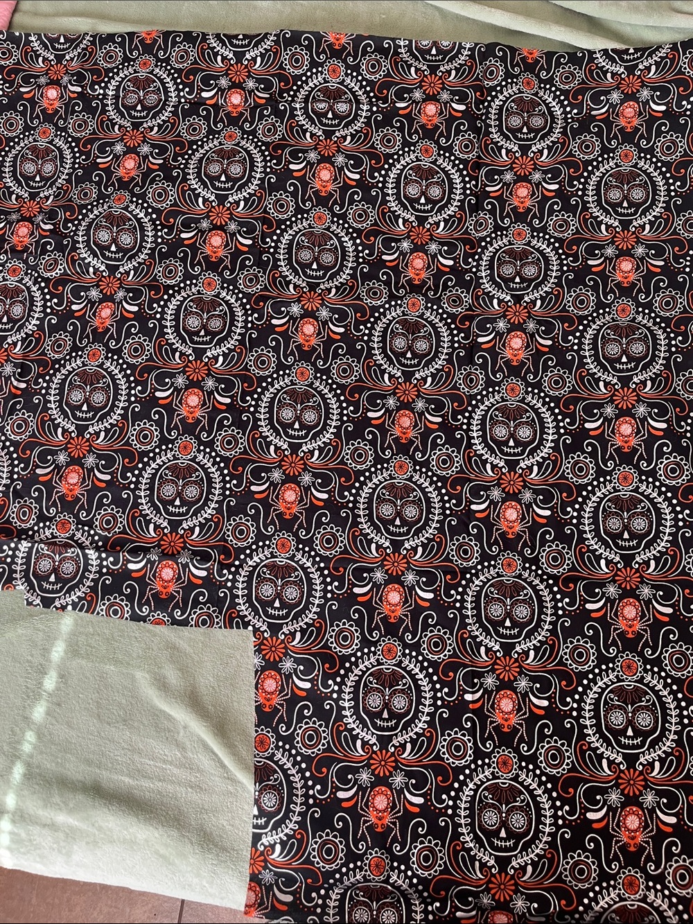 Skull & Spider Cotton Fabric, Black, Orange, Silver approx. 44” wide x 29” long